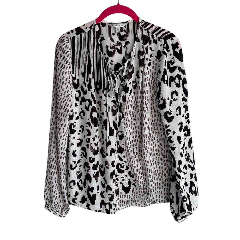 CAbi Black and White Animal Print Surplice Long Sleeve Ladies Blouse, S